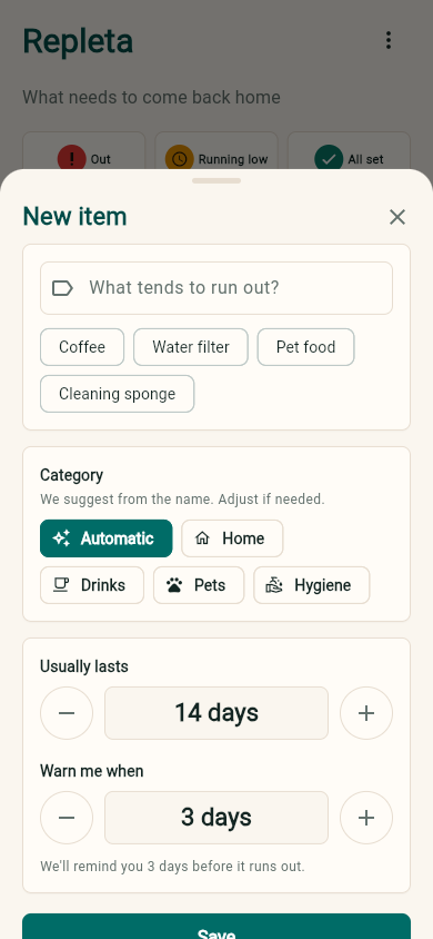 Repleta app screen in English