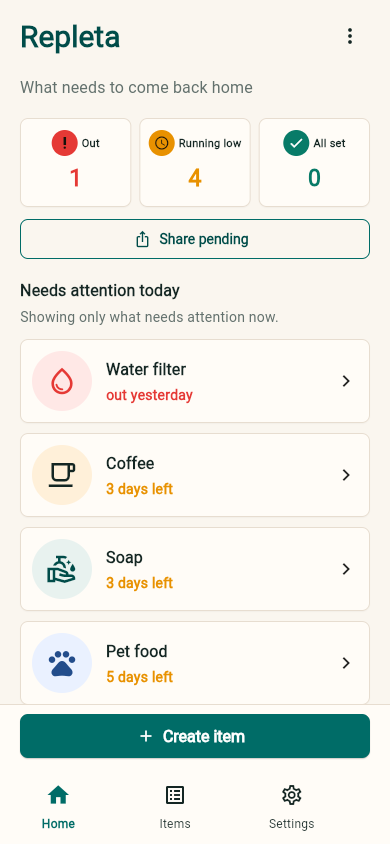 Repleta app screen in English