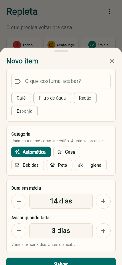 Tela Novo item do Repleta com campos de categoria, duração e aviso