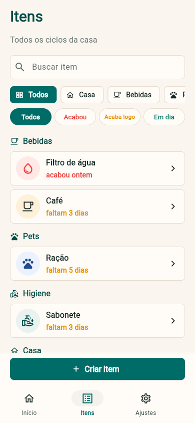 Tela do Repleta com itens domésticos organizados em categorias