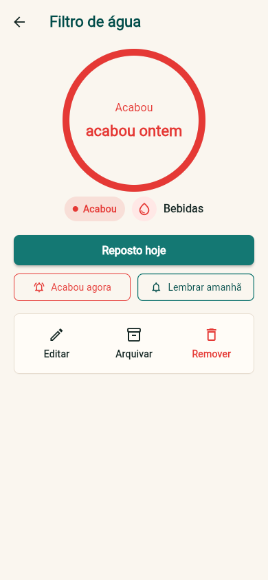 Tela de detalhe do item Cafe com acao Reposto hoje