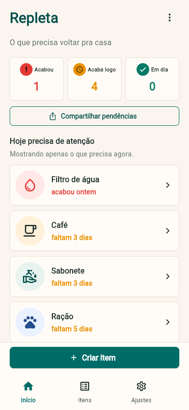 Tela inicial do Repleta mostrando itens da casa por status