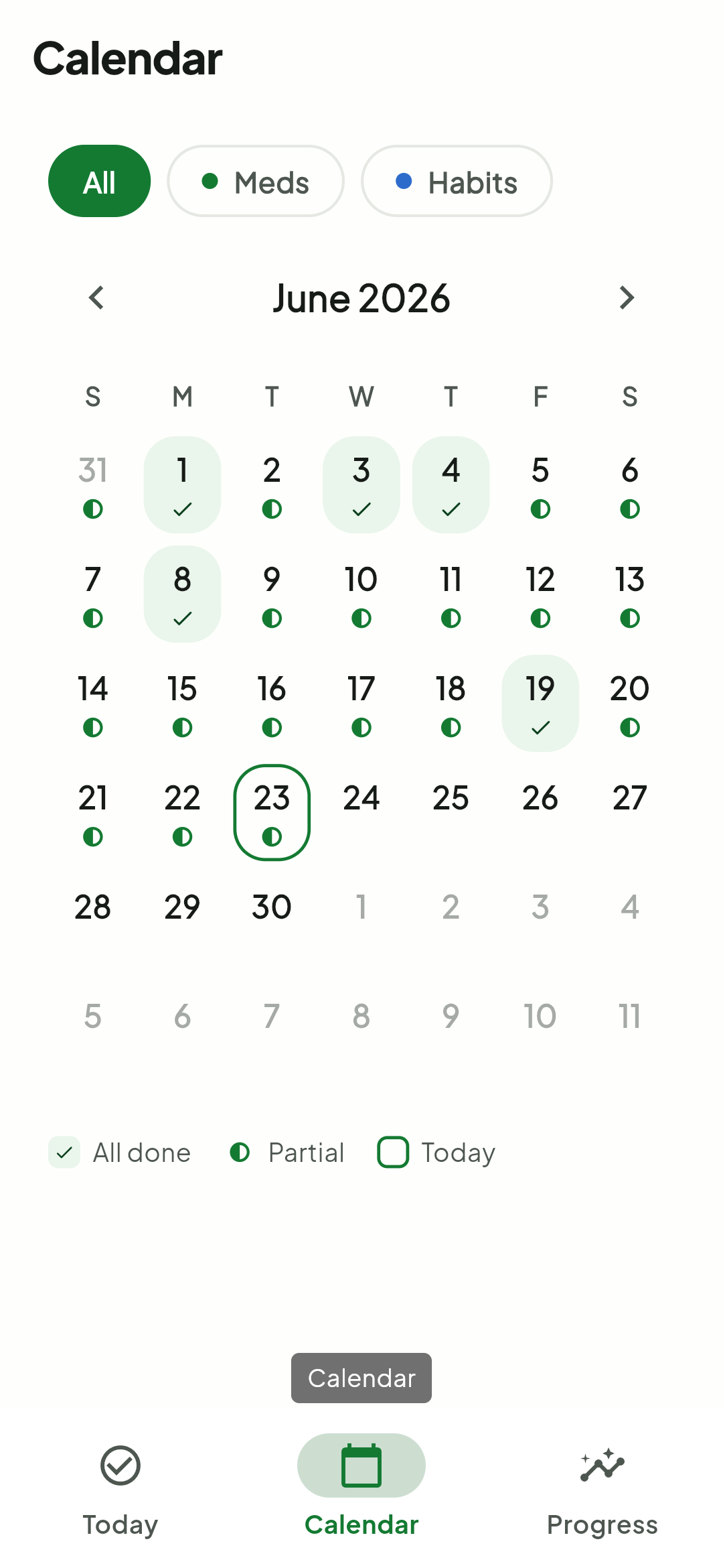 Tick calendar screen with daily history