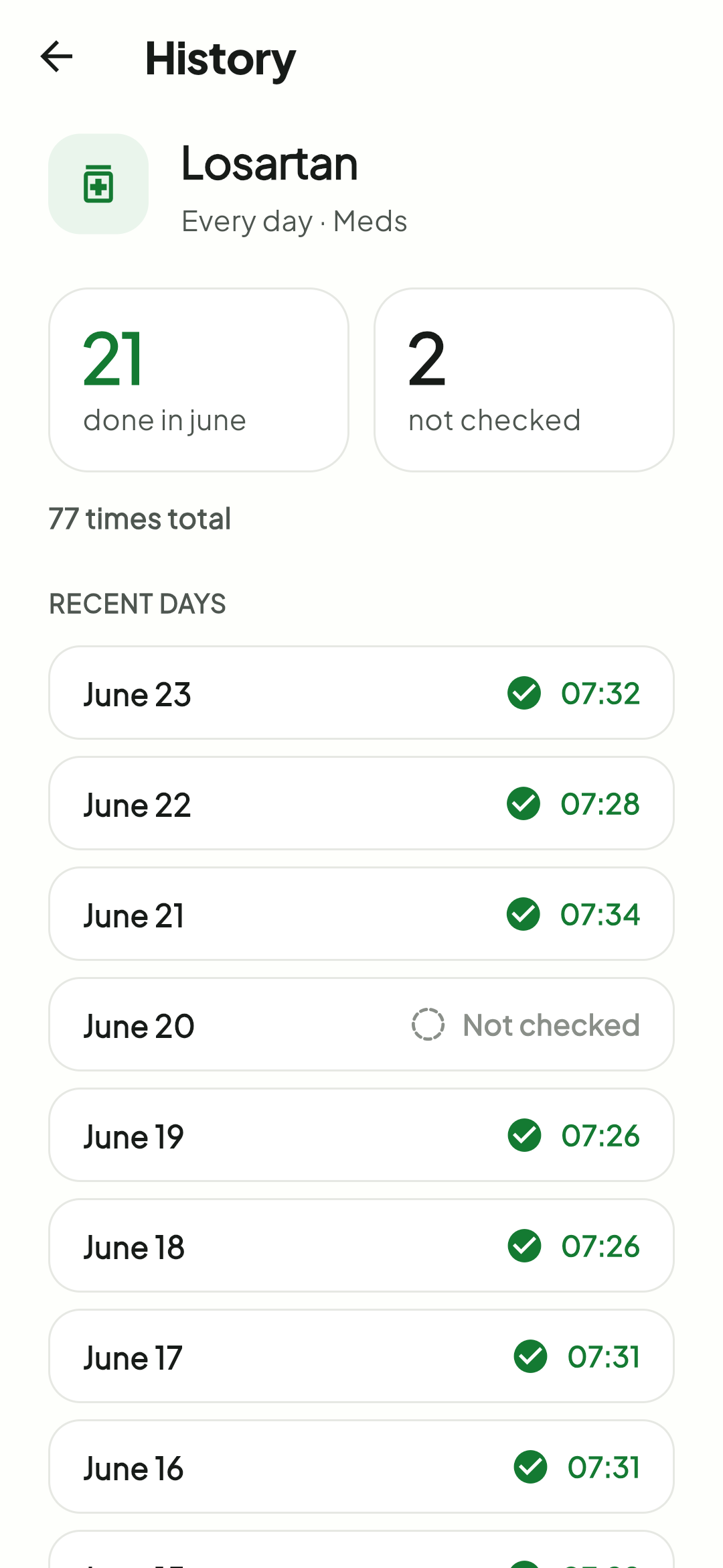 Tick screen with progress and history for one item