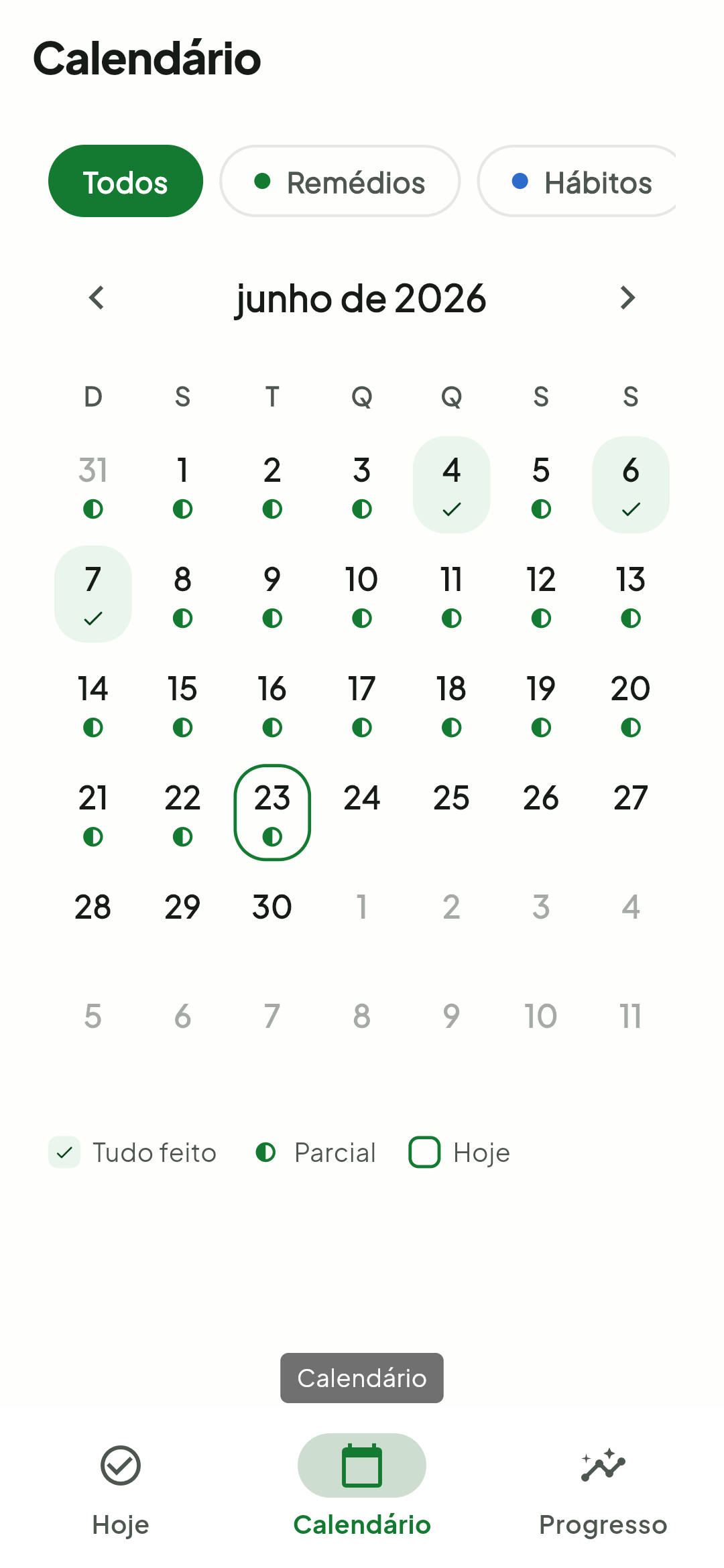 Tela de calendário do Tick com histórico diário