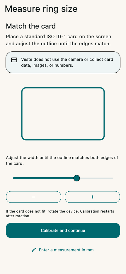 Veste ring sizer screen for matching a standard card before measuring