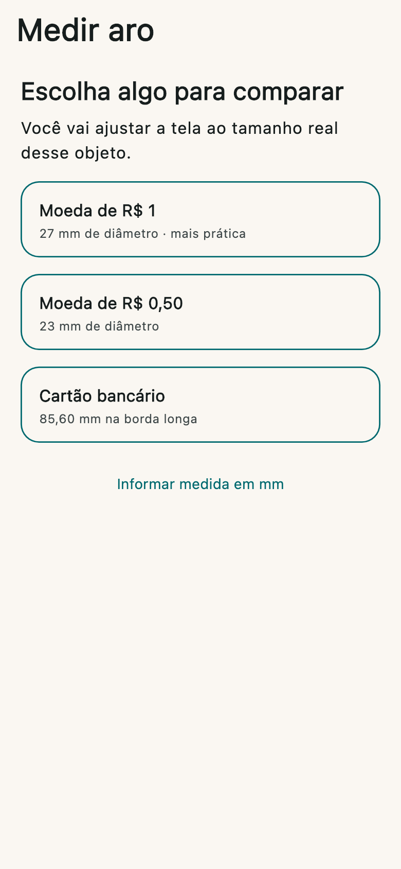 Tela do medidor de aro do Veste para escolher moeda ou cartão como referência